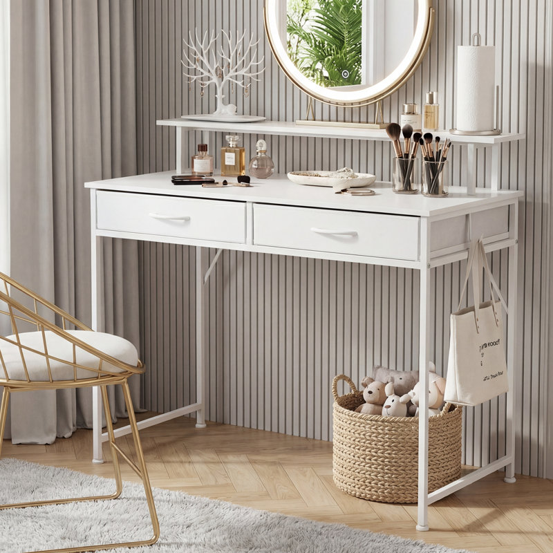 White 2-drawer Computer Desk, Small Home Office Desk With Drawers, Writing Desk Study Desk with with Monitor Stand