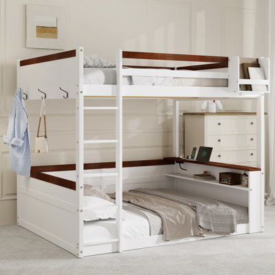 Wooden Bunk Bed With Built-In Shelves
