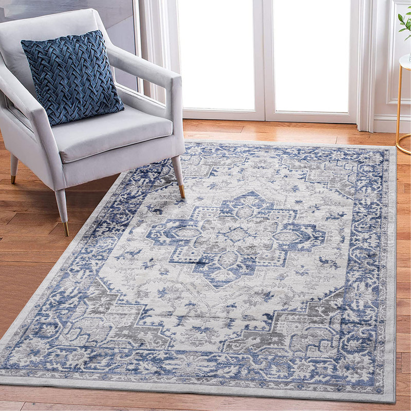 5X7 Blue/Grey/Oriental Non-Shedding Living Room Bedroom Dining Home Office Stylish And Stain Resistant Area Rug