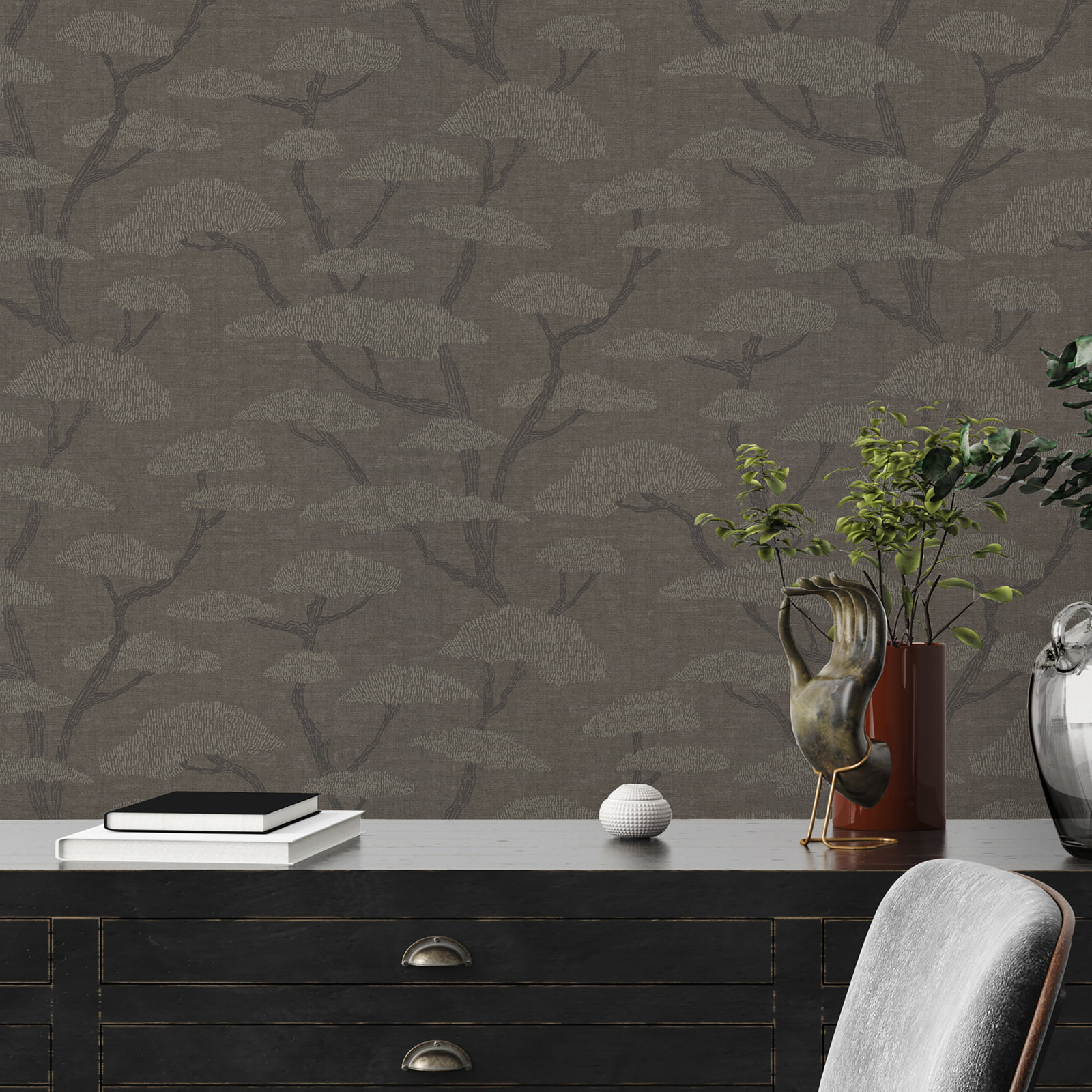 Fusion Chinoiserie Tree Motif 32.97' L x 20.87" Wallpaper Roll, Charcoal