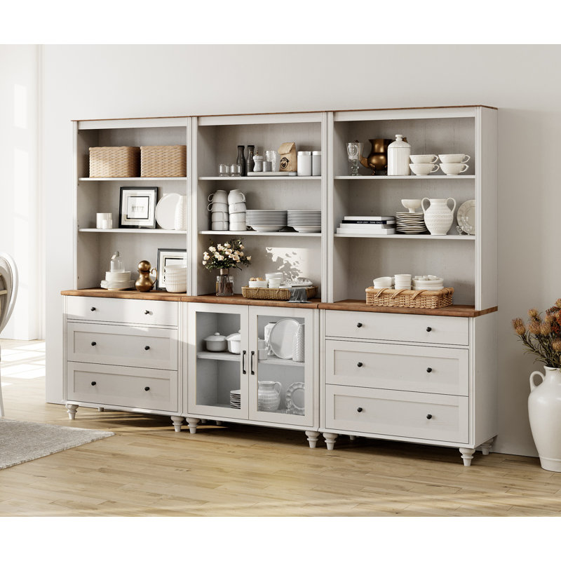 Garde-manger de 101 po avec huche de bar, huche de salle à manger avec 2 portes en verre, 6 tiroirs et 3 tablettes à niveaux pour la cuisine, la décoration intérieure, le salon et le bureau à domicile