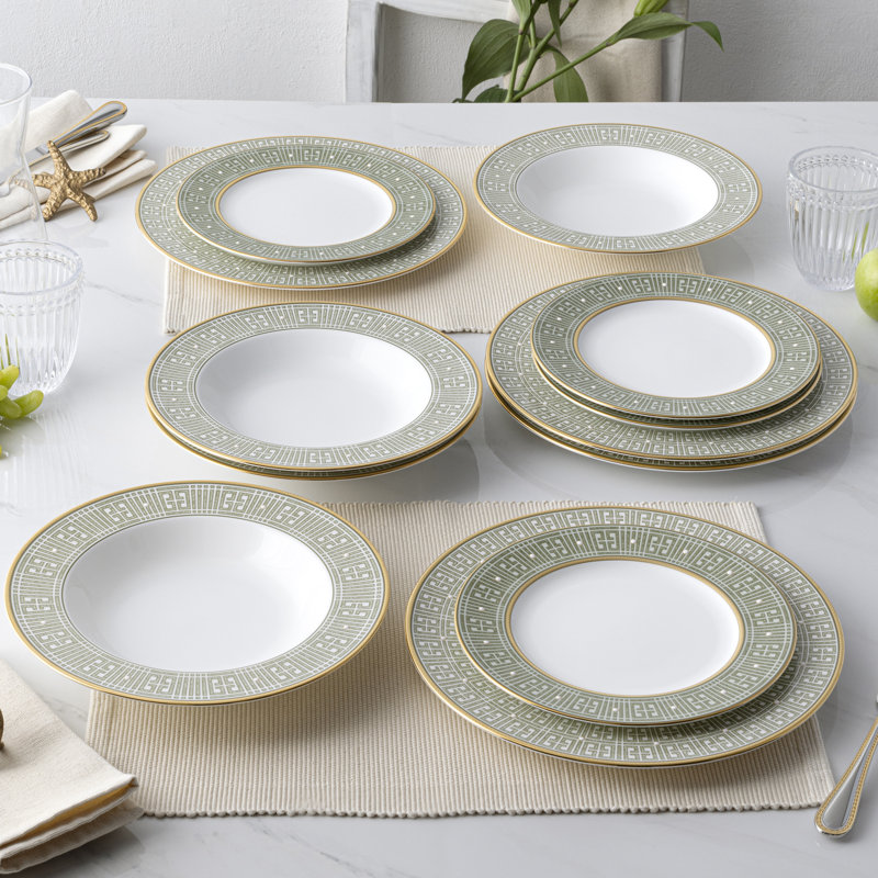 Green and Gold Porcelain 12-Piece Dinnerware Set, Service for 4