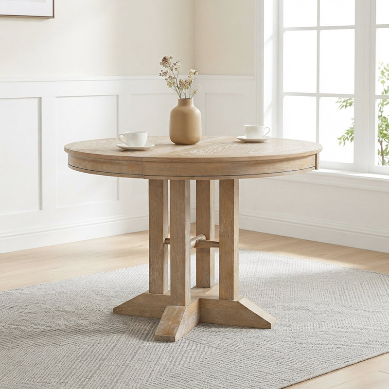 Extendable Farmhouse Round Dining Table - Retro Style With Durable Wooden Frame, Seats 6, Natural Wood