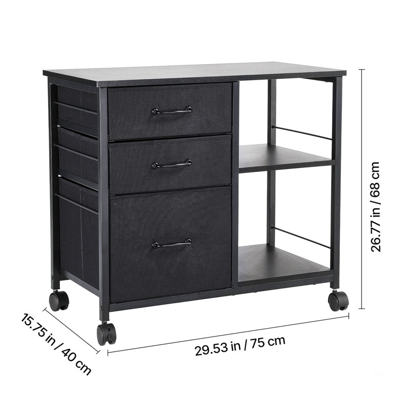 Mobile Metal File Cabinet with 3 Fabric Drawers and 2 Open Shelves Black