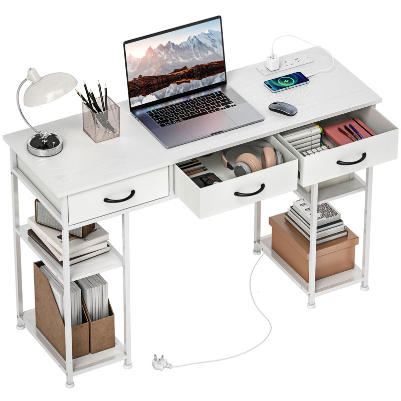 Metal Base Computer Desk with Power Outlet, White, White