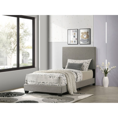 Taupe Upholstered Twin Panel Bed With Padded Headboard, Rubberwood And Engineered Wood, Black Solid Wood Legs, Transitional Bedroom Decor Bed, Comfortable Foam, Furniture