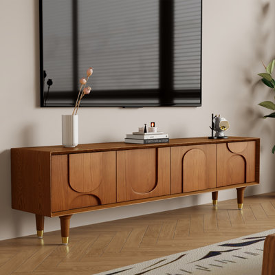 71'' Mid-Century Modern Carved Brown Four Legged TV Cabinet with Four Cabinets, Wood Entertainment Center, Real Wood Finish, Fully Assembled