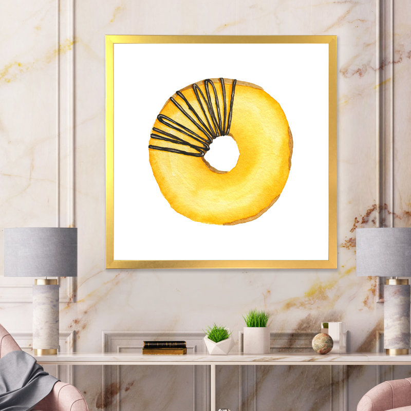 Donut jaune avec chocolat - peinture sur toile, H 37,5 po x l 37,5 po x P 1,5 po, Cadre doré