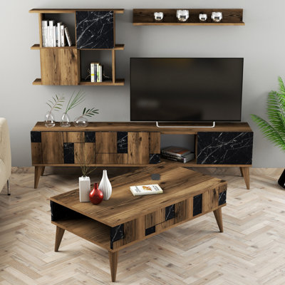 Modern Living Room Furniture Set - Walnut & Black, 3-Piece Set: TV Unit (70.9 x 19.1 x 13.3 in), Cabinet (29.5 x 23.6 x 7.9 in), Wall Shelf (35.4 x 4.6 x 16.0 in) | 100% Melamine Coated Particle Board, Stylish & Functional Design, Perfect for Home Décor