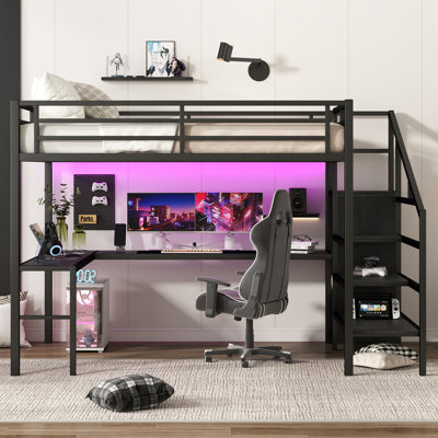 Queen Metal Loft Bed with L-Desk, USB, Wardrobe, Adjustable Shelves and LED Light