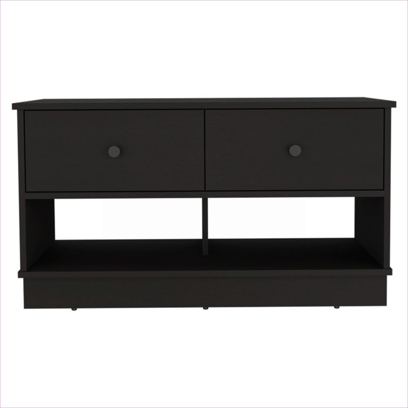 Entryway and hallway storage bench, sleek black particle board, two open shelves and two storage drawers, 35.8-inch overall length