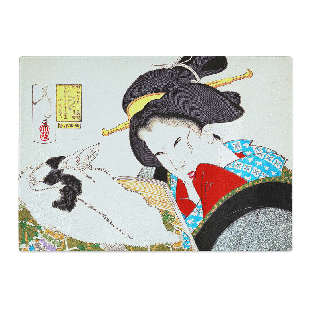 Tempered Glass Reading with the Cat by Tsukioka Yoshitoshi Chopping Board