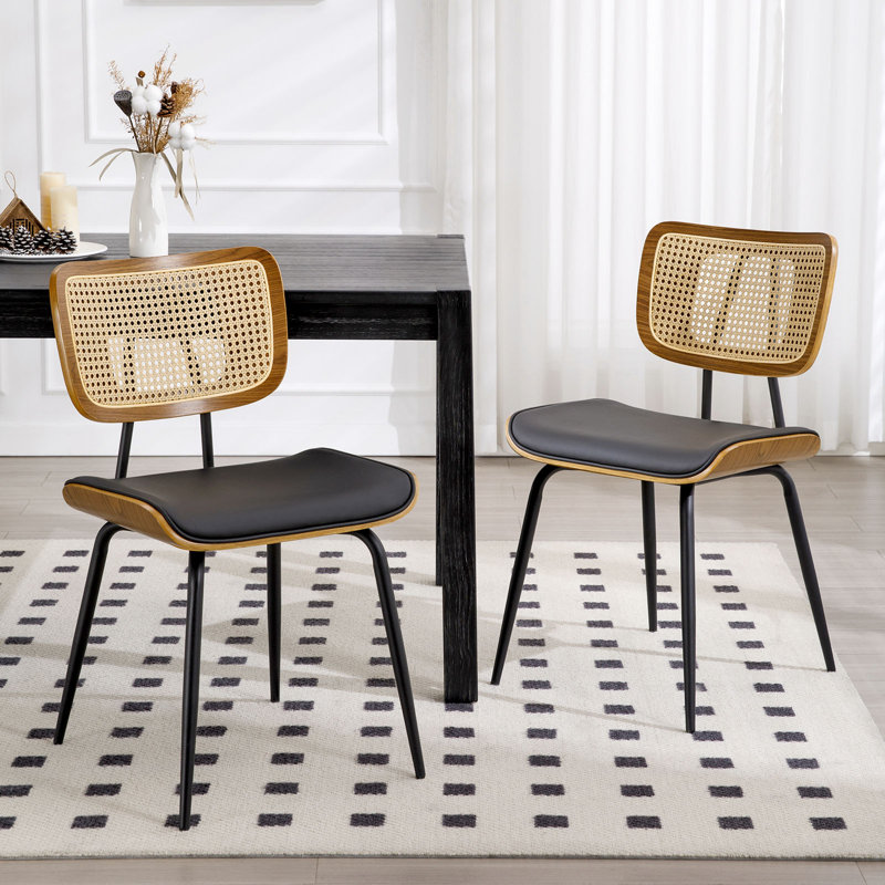 Rattan Back Upholstered Dining Chair, Black, 4