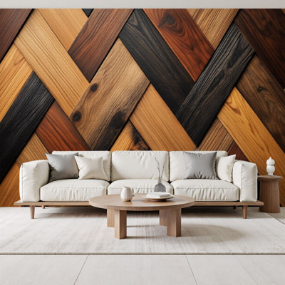 Futuristic Peel and Stick Wallpaper Wooden Herringbone Rich Tones Natural Textures Wall Murals 69"H x 96"W Removable PVC Wall Paper Self-Adhesive Wall Decor for Bedroom Living Room Home Office