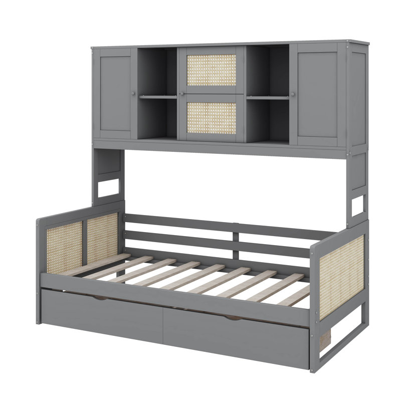 Lit de jour en bois massif avec 2 tiroirs, armoire et étagère - Lit de rangement multifonctionnel, Gris, Lit simple