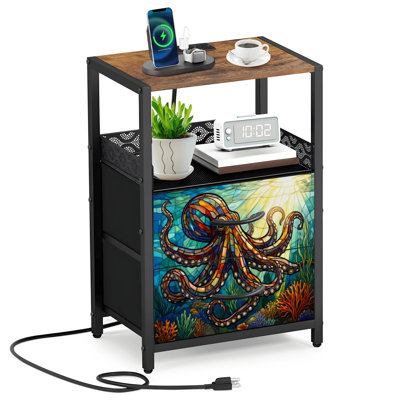 Table de chevet 2 tiroirs en tissu avec station de charge Table de chevet vitrée avec pieuvre