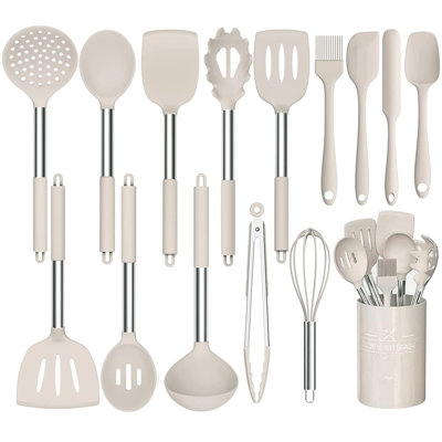 15 PCS Silicone Cooking Utensil Set, Stainless Steel Kitchen Utensils Set, Non-Stick Heat Resistant, Khaki -  DGPCT, USWF-CJ-006