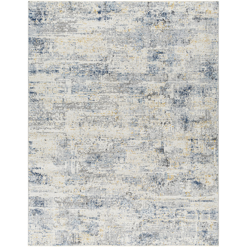 Tapis taupe / moutarde / bleu foncé en polyester tissé à la machine Romig, Rond 6 pi 7 po