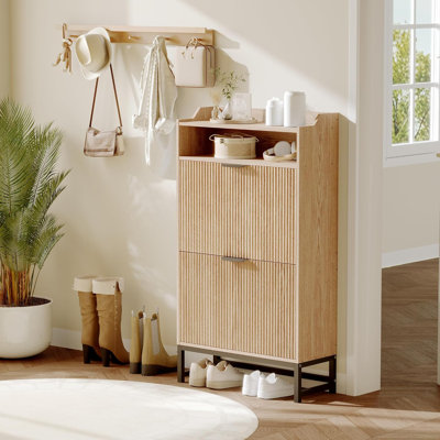 Armoire à chaussures moderne avec 3 tiroirs rabattables et 2 petits tiroirs et crochets, rangement pour chaussures à cannelure mince, armoire d'entrée étroite pour appartement
