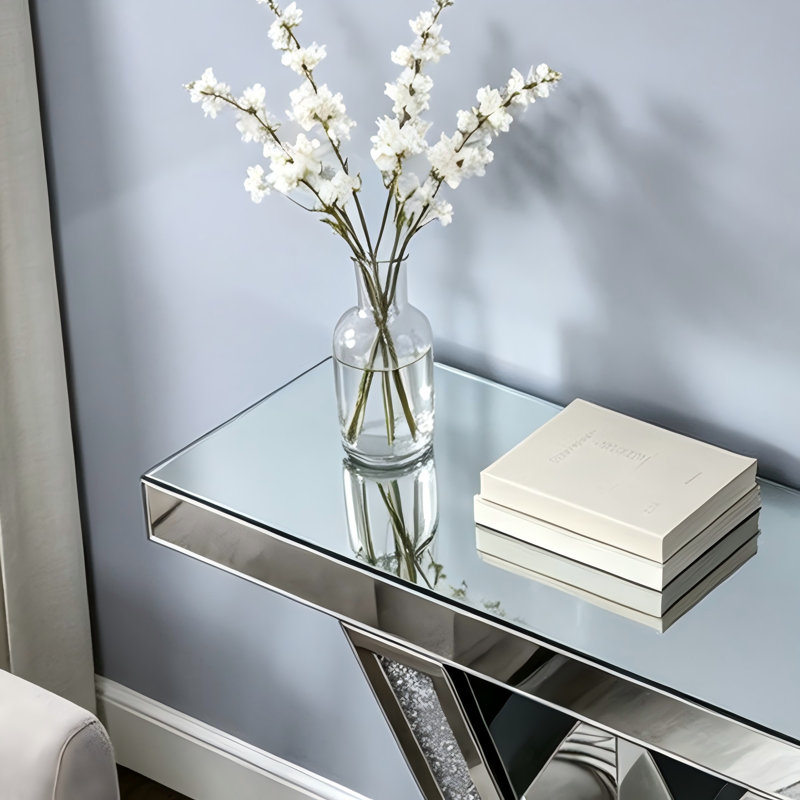 Console miroir en forme de V de 47 pouces avec incrustations de faux diamants, table d'appoint glamour