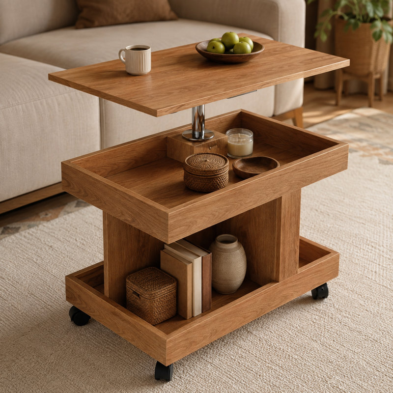 Table basse roulante à plateau relevable, bureau rotatif, rangement ouvert
