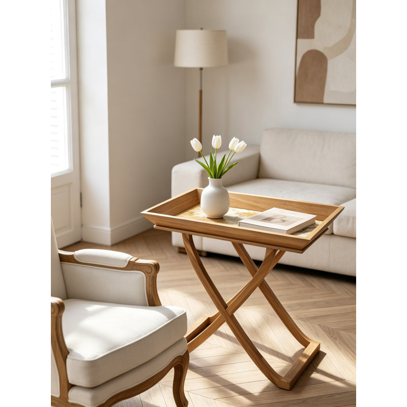 Table d'appoint pliante en bois d'acacia brun de 53 cm (20,7 po), plateau en verre miroir doré, table d'appoint décorative portable en forme de X pour salon