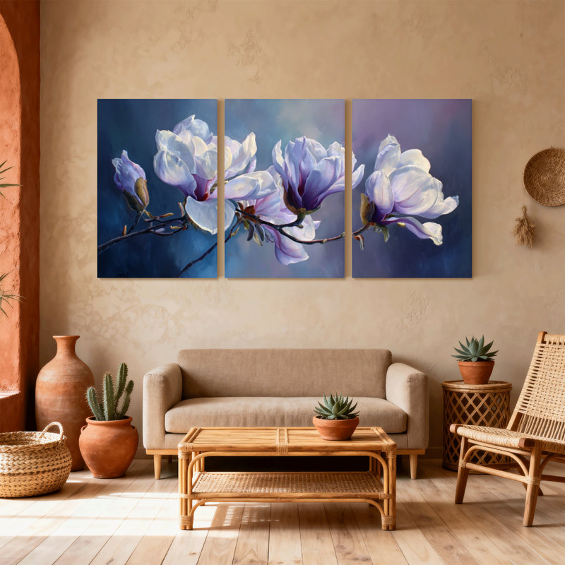 Plantes et fleurs, fleurs de magnolia sur fond foncé, ensemble de 3 impressions sur toile, H 30 po x l 60 po