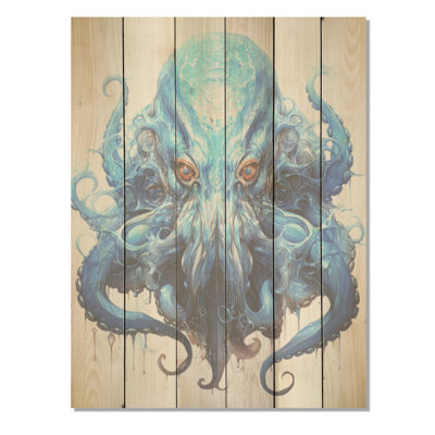 Azure Octopus Cephalopod I - Octopus/Squid Wood Art On Natural Pine Wood