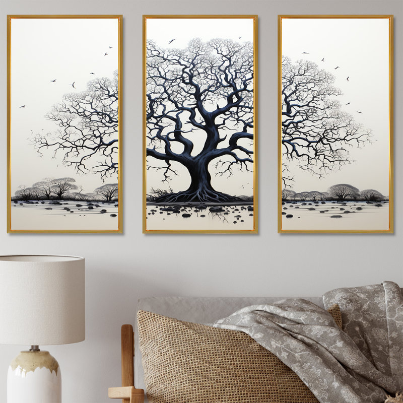 Arbre africain africain, impression d'art mural, Cadre flottant doré, H 28 po x l 36 po x P 1 po