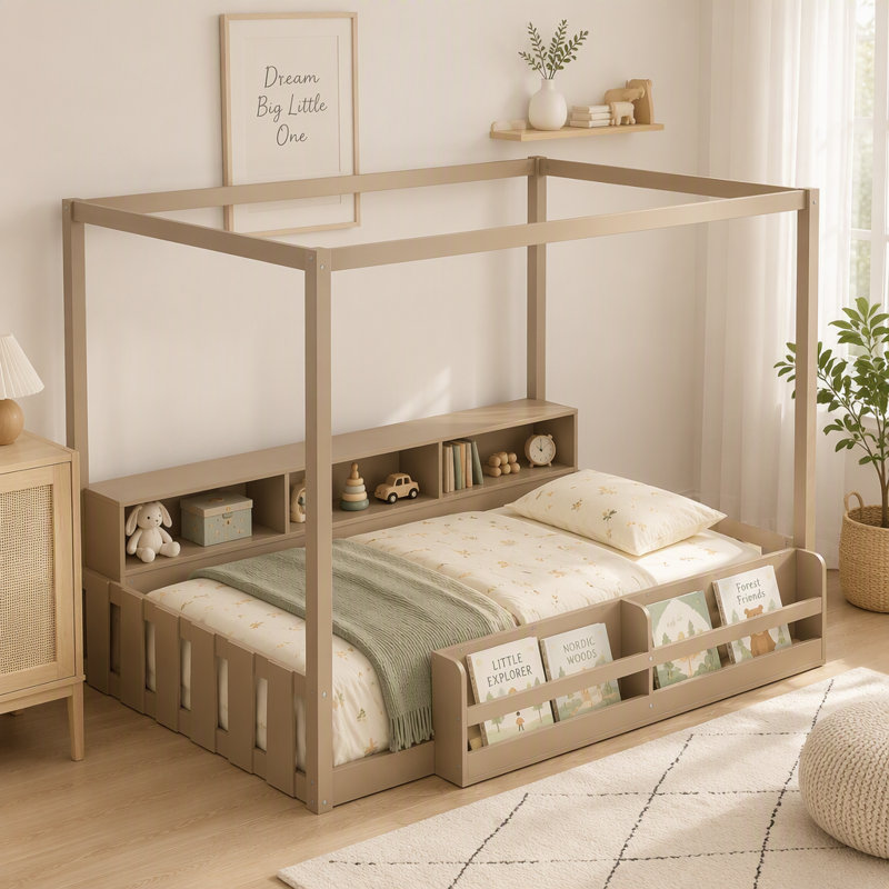 Lit simple à baldaquin en bois avec garde-corps de sécurité Montessori