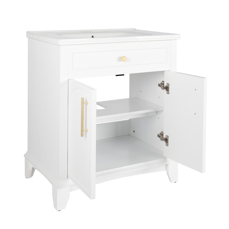 Meuble-lavabo moderne de 70,6 cm (27,8 po) avec finition peinte, style milieu du siècle, en bois massif blanc, avec tiroirs et rangements, lavabo intégré, lavabo résistant aux chocs, meuble-lavabo autoportant facile à installer, résistant à l'usure et facile à monter.