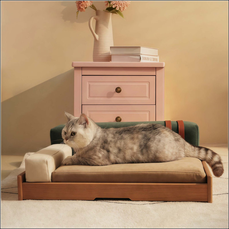 Lit pour animaux de compagnie moderne en bois avec placage pour chats et chiens, tissu résistant aux rayures, coussin amovible