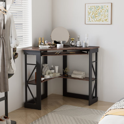 Lambrecht Corner Desk with Storage Shelves, Triangle Computer Desk with Keyboard Tray & Bookshelves for Small Space, 90 Degrees Space Saving Writing Desk Laptop PC Table for Home Office, Living Room, Bedroom