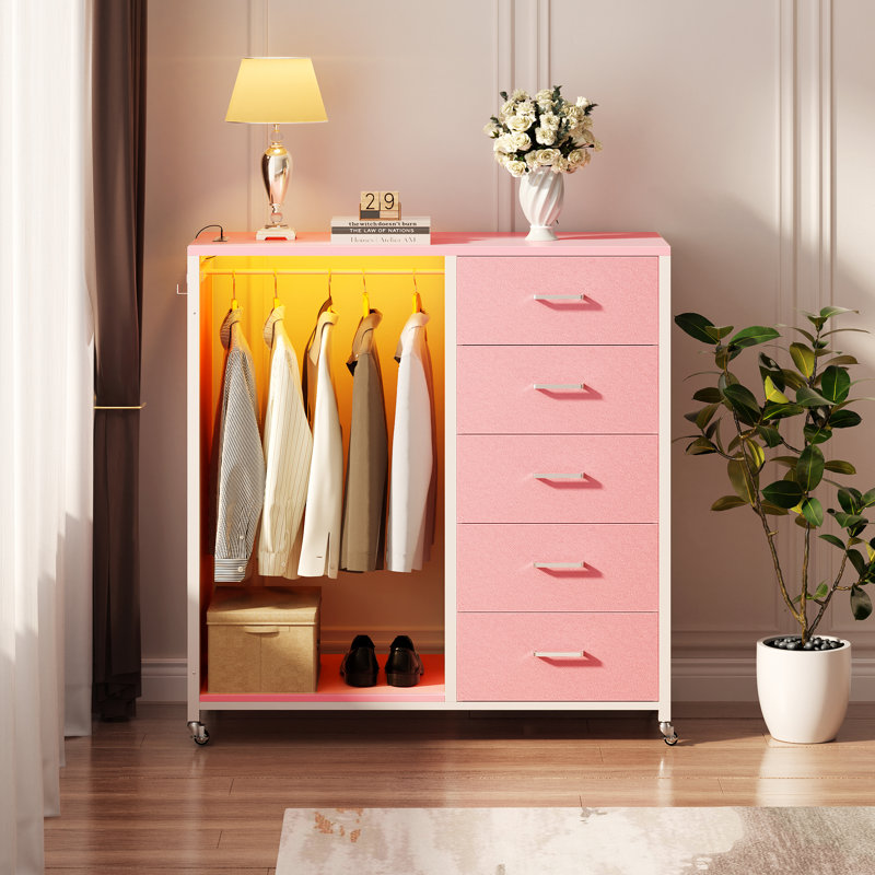 Gourley 5 Drawer LED Dresser with Mirror and Charging Station, Pink