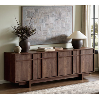  65.6" Mid Century Modern Skeletal Line TV Stand for 75" TVs, Soft-Close Cabinets, Walnut