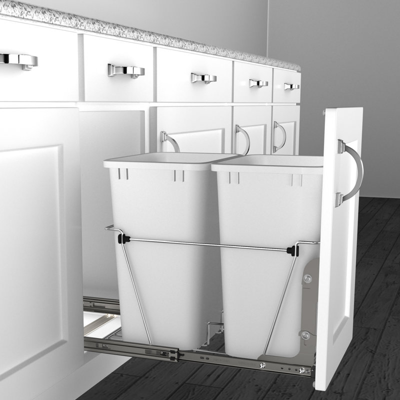 Rev-A-Shelf Double Pull Out Trash Can 35 Qt for Kitchen, 35 quart, White