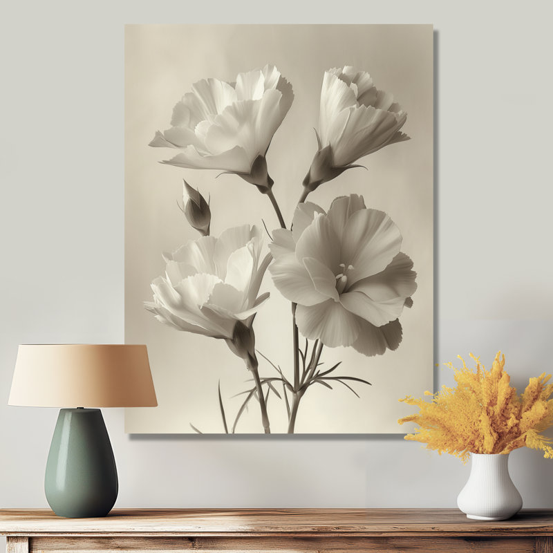 Monochromes gris botaniques œillets - œillets, impression d'art mural, Toile tendue, H 32 po x l 16 po