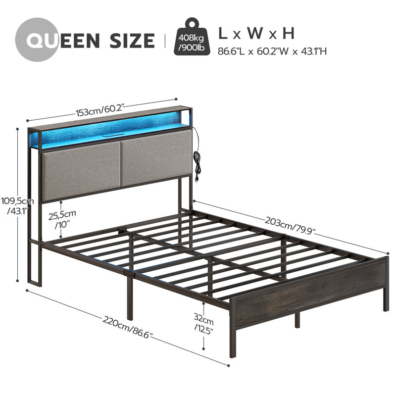 Jeffory Bed with Storage Headboard and Integrated Charging Station, Queen, Gray