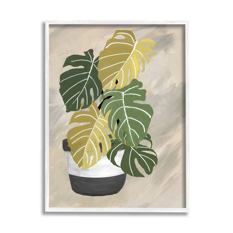 Jardinière Monstera à rayures noires sur fond neutre abstrait, Giclée encadrée blanc bord de mer