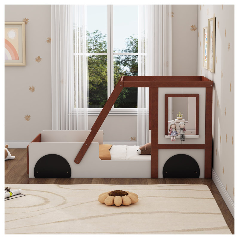 Lit voiture simple pour enfants, cadre de maison en bois massif et panneau de fibres à densité moyenne avec fenêtres ludiques, lit plateforme orange et blanc pour garçons et filles