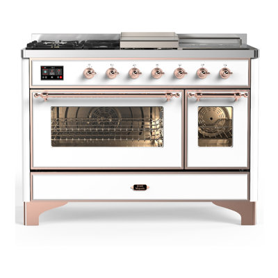 Majestic III Series 48 Inch Dual Fuel Range with 5 Sealed Burners, Griddle, Frenchtop in White (Liquid Propane, Copper Trim)