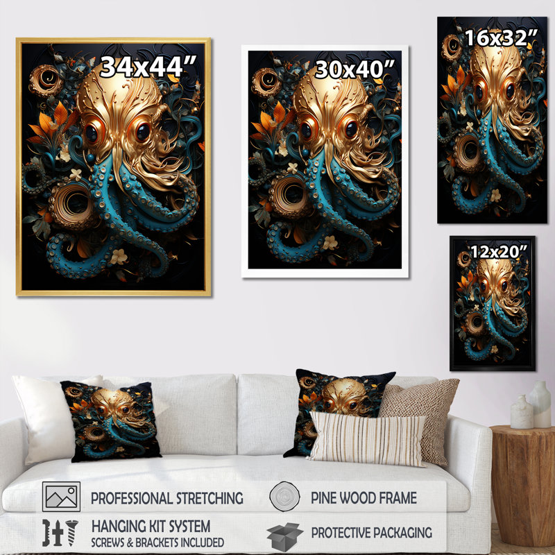 Pieuvre dorée sous l'eau sur toile, H 40 po x l 30 po x P 1,5 po, Cadre simple noir