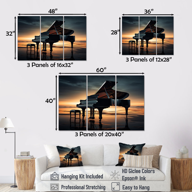 «Piano Symphony In Silhouette I», ensemble de reproductions d'art mural piano, H 40 po x l 60 po x P 1 po