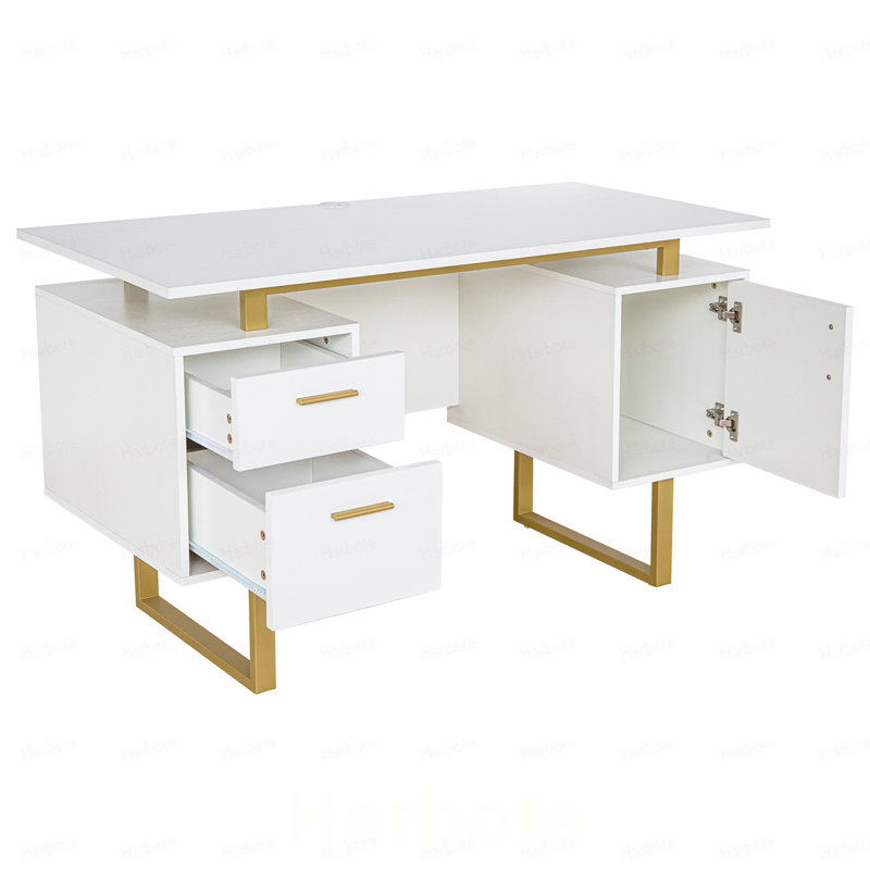Bureau blanc et doré pour bureau avec tiroirs et rangement, Blanc
