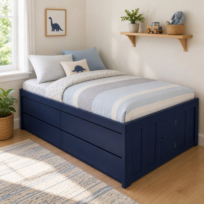 Lit capitaine pleine grandeur avec 4 tiroirs de rangement, porte de rangement latérale, cadre de lit plateforme en bois avec support à lattes, lit de rangement peu encombrant pour enfants, adolescents et adultes, aucun sommier nécessaire