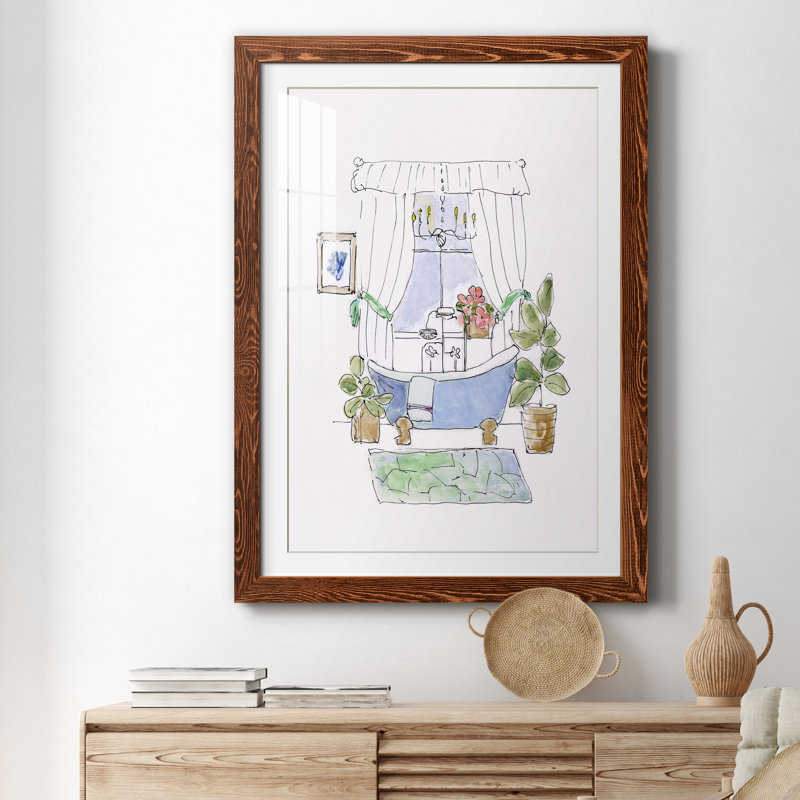 «Sketchy Bath III» - peinture encadrée, H 31,5 po x l 23,5 po x P 1,5 po, Cadre en érable