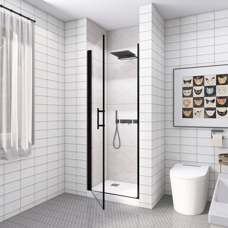 Porte de douche pivotante noire matte demi-cadre, 28 x 72 pouces, verre trempé de 6 mm avec film antidéflagrant