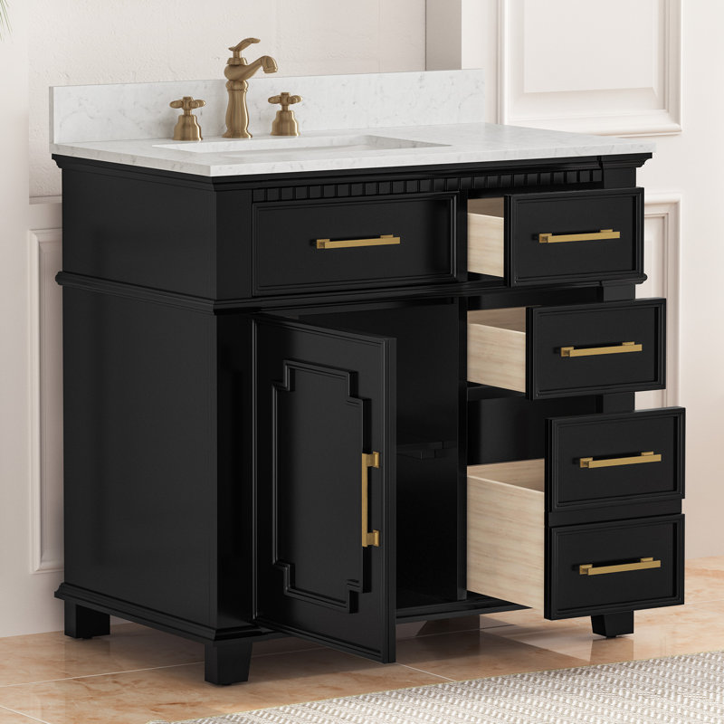 Keira 36" Single Bathroom Vanity With Marble Top, Black/Brushed Gold