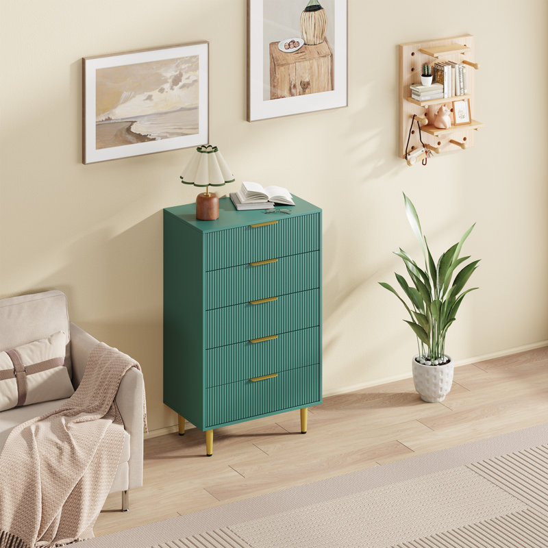 Commode à tiroirs cannelée moderne, commode en bois avec poignées et pieds en métal, rangement, Vert