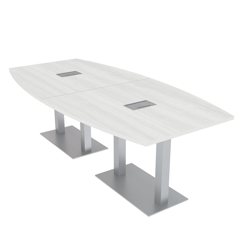 Table de conférence en forme de bateau avec base en métal double | Unité électrique, Cyprès blanc, Argent argent